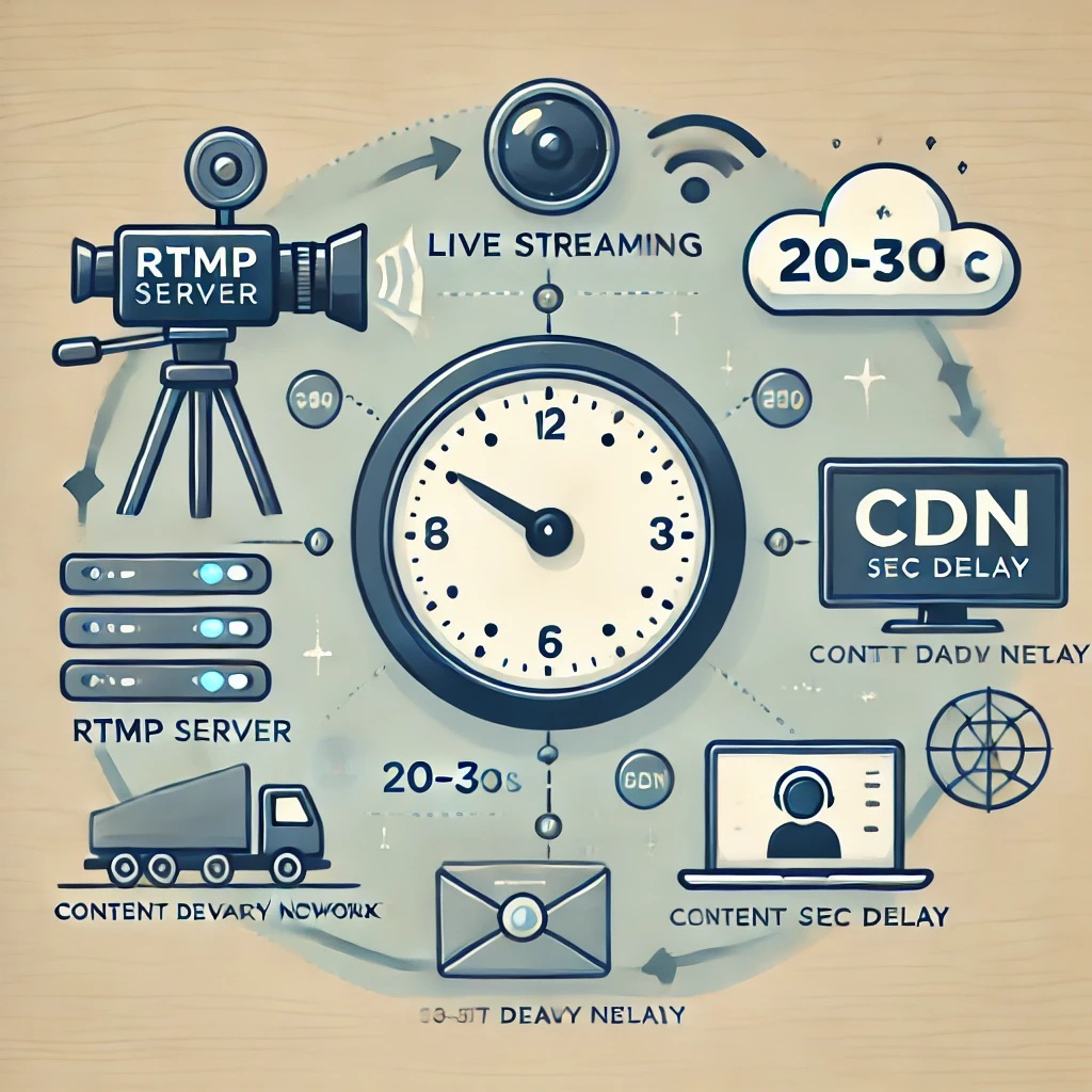 Professional live streaming setup for television broadcasting, showing a camera, microphone, and streaming software on a computer screen, with a graph illustrating latency in video streaming.