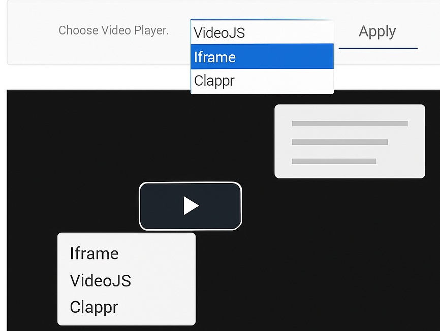 Screenshot of RTMP control panel showing player options (Iframe, VideoJS, Clappr) and HTML embed code generator for easy website integration.