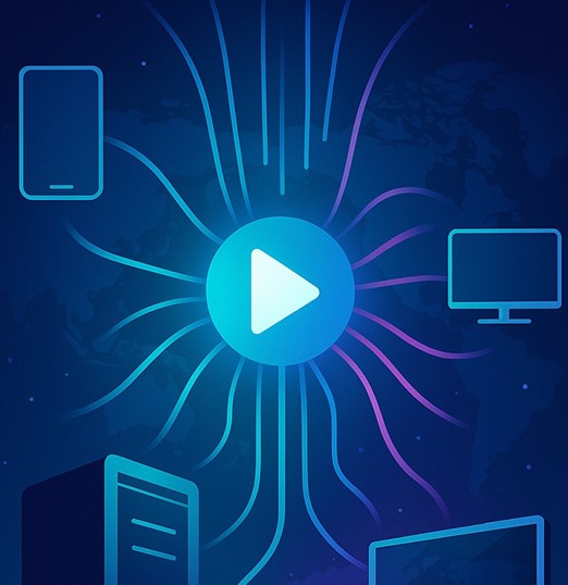 rtmp-hosting RTMP hosting illustration showing a server streaming live video through a glowing play button to multiple devices worldwide including laptop, smartphone, and TV.